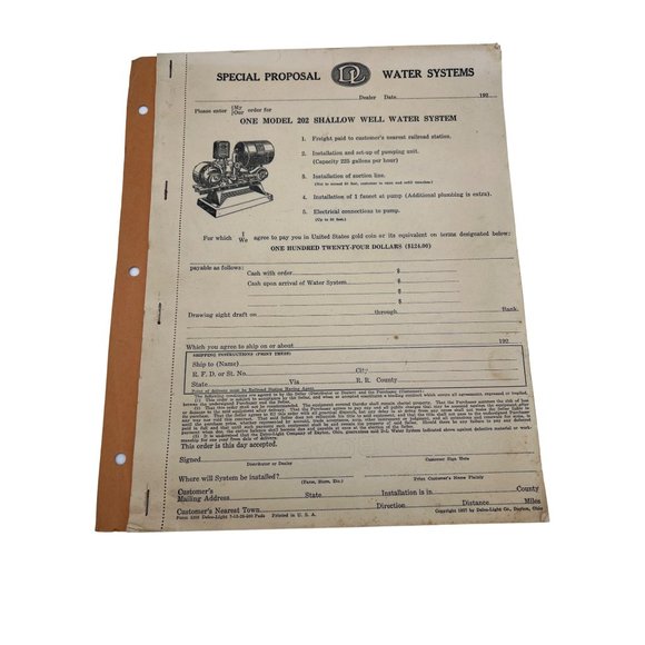1927 Special Proposal Water Systems Order Form Booklet Shallow Well Water System - Picture 1 of 5